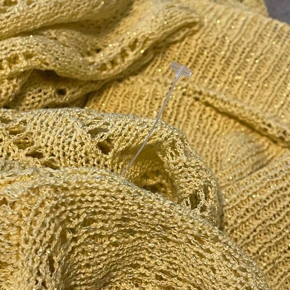 Line & Dot Crochet Sweater Yellow Lace Boat Neck Bell Long Sleeves Open Knit S - Picture 8 of 8